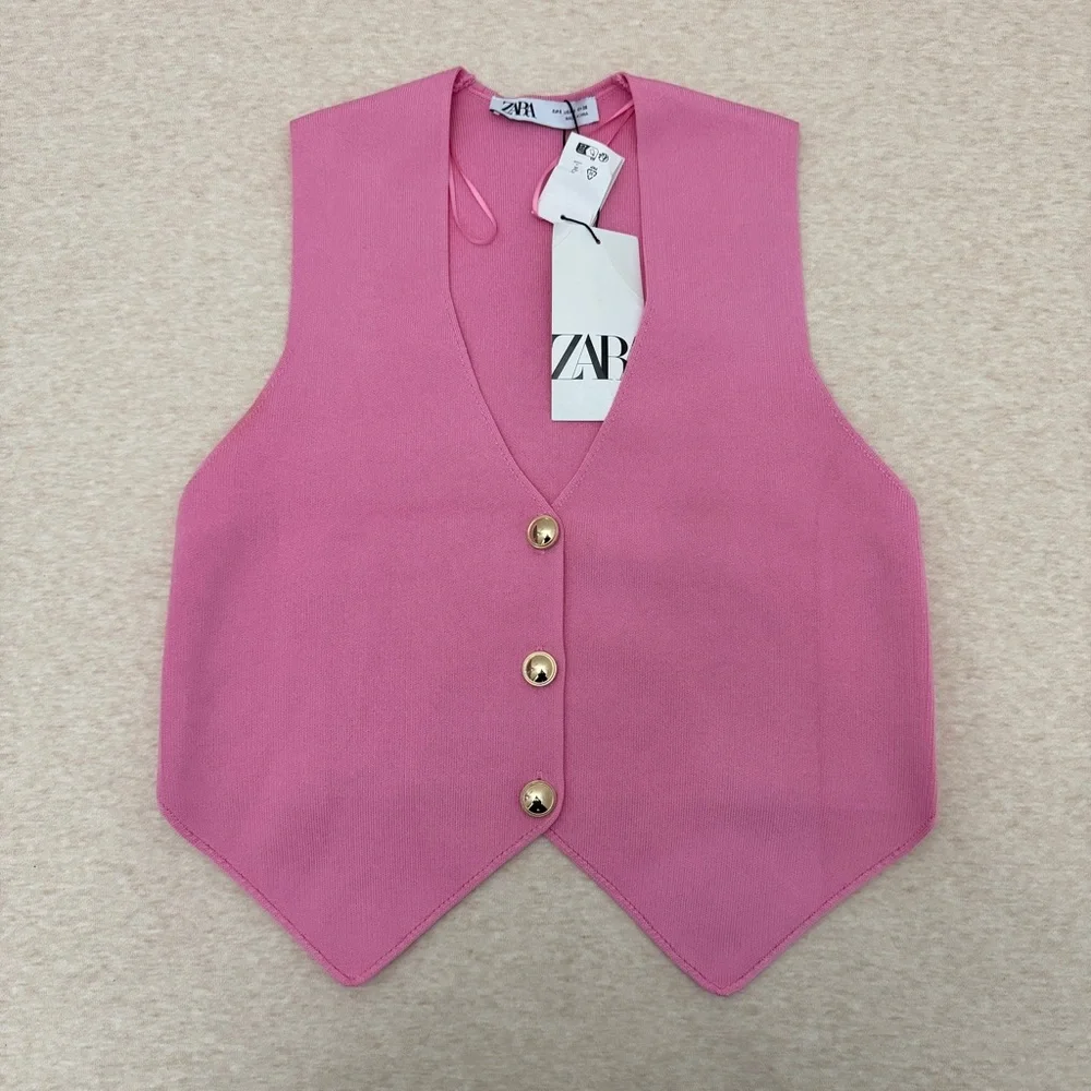 Zara Women’s Size S US Pink Polyester Gold-Button Casual Vest NWT - Picture 1 of 9